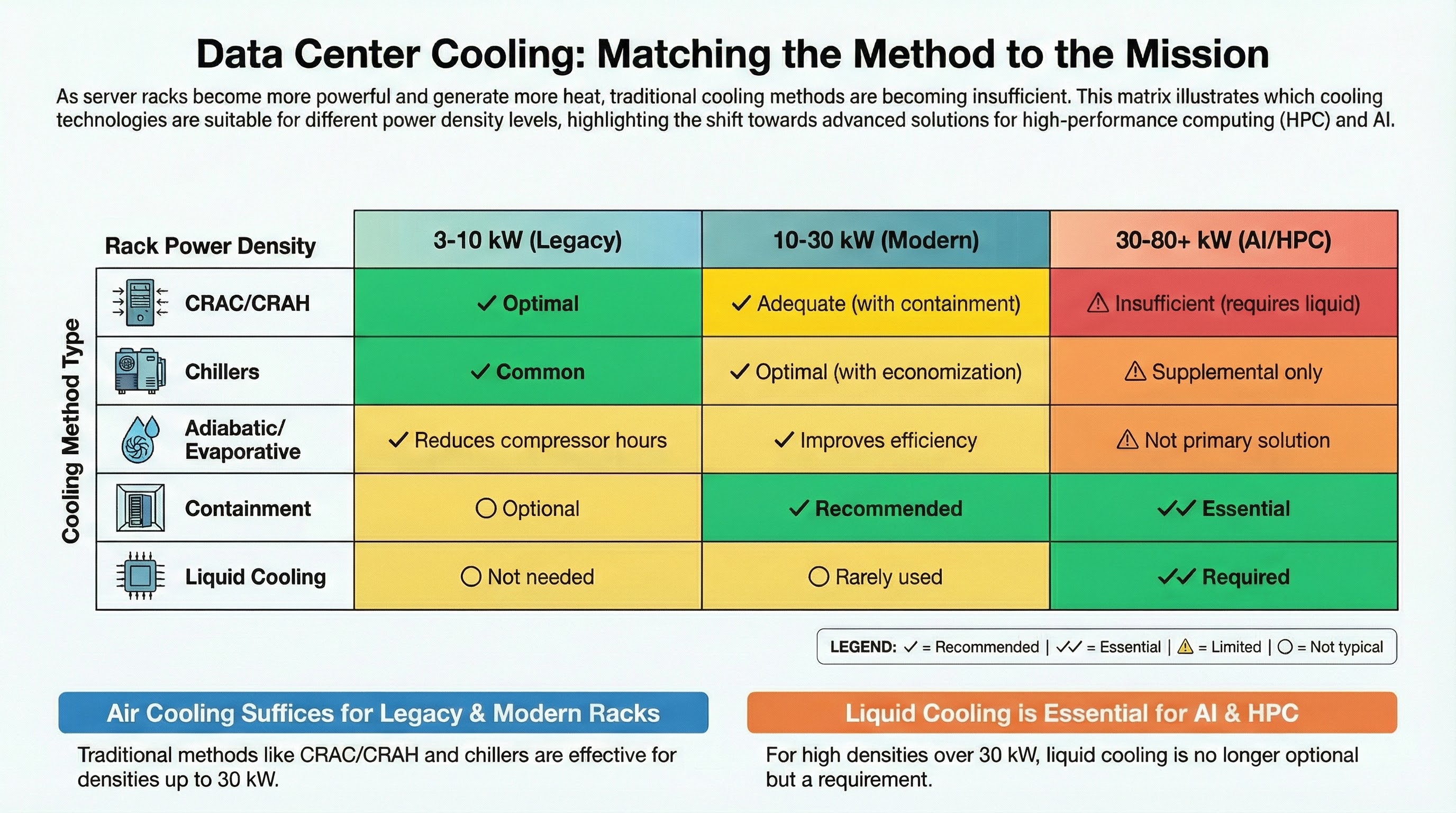 Data center cooling methods matched to rack power density requirements