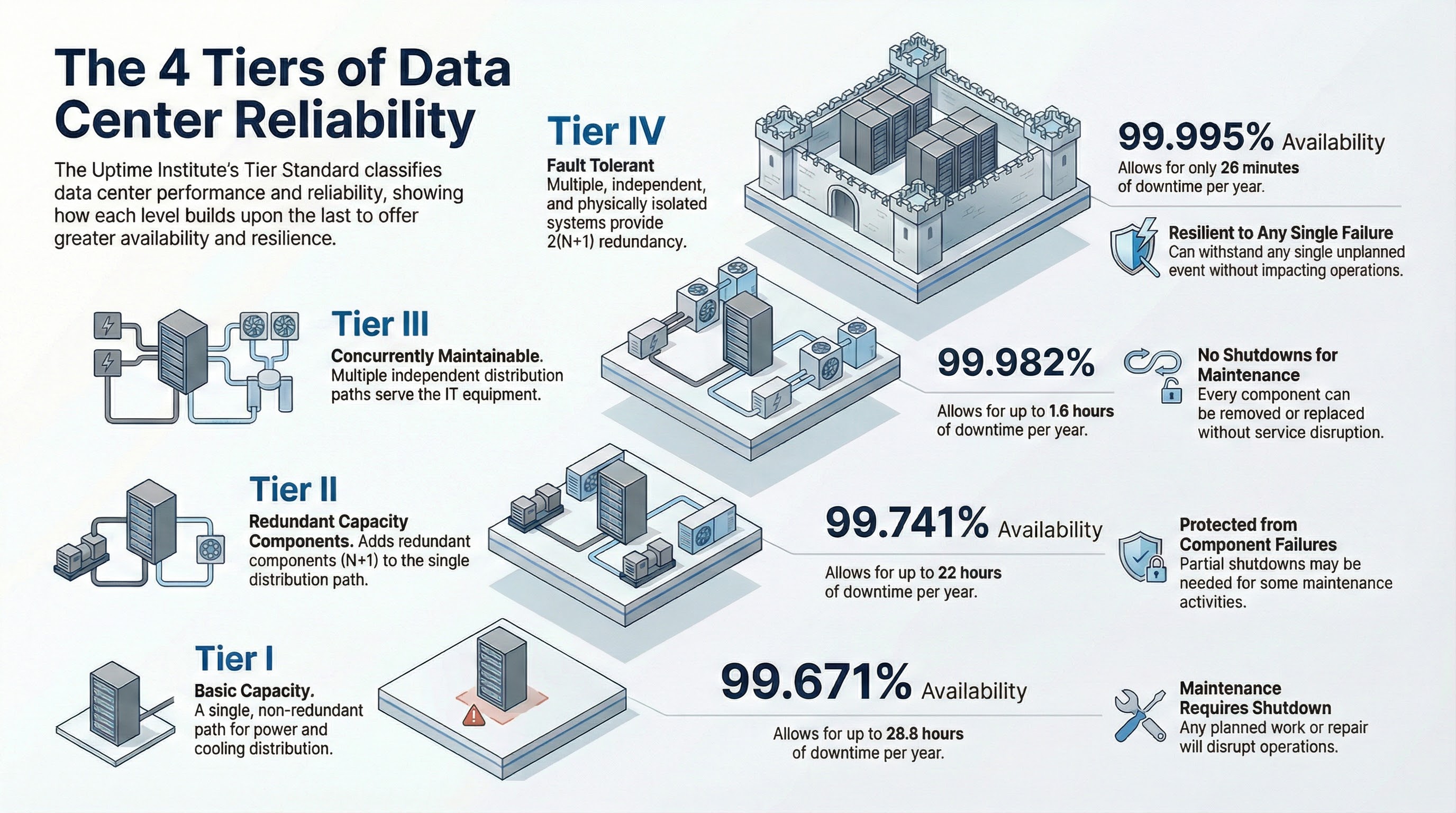 Uptime Institute tier hierarchy showing Tier I-IV classifications